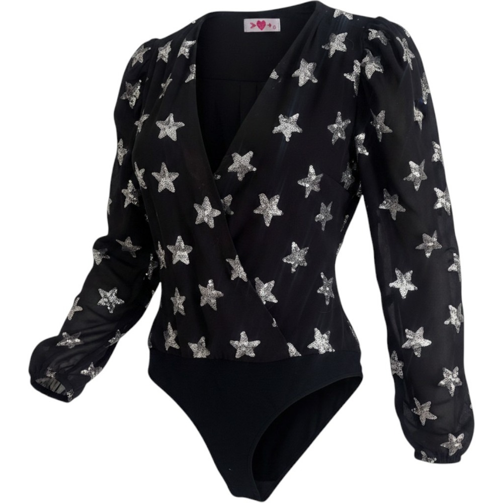 Buddy Love Black Silver Sequin Star Long Sleeve Wrap Bodysuit Womens Medium